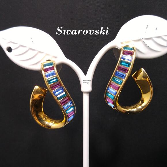 Vintage Swarovski Swan Logo Earrings, Gold Plated Rhinestone Hoop, 1990s Jewelry - Picture 1 of 10